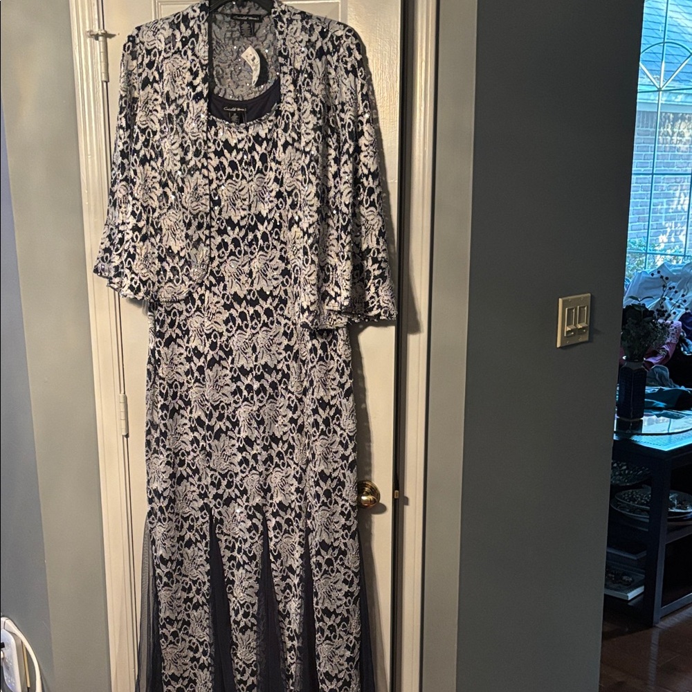 Candalite Women’s Navy Sparkling Floral Patterned Dress with Light Jacket NWT